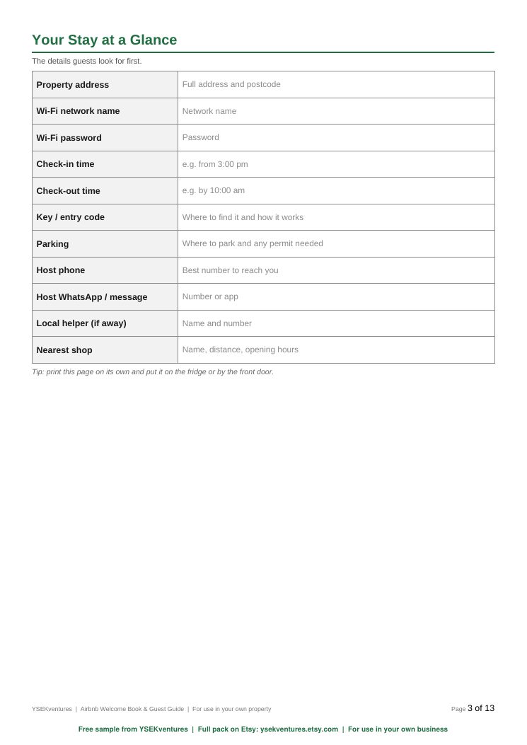 Airbnb stay at a glance guest sheet PDF preview