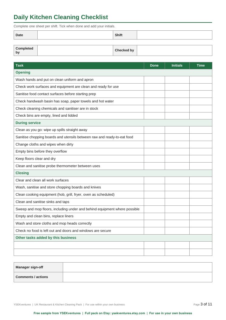Daily kitchen cleaning checklist PDF preview