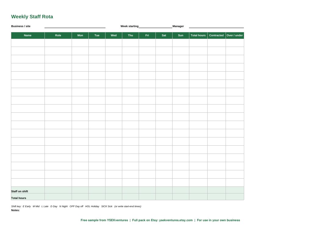 Printable weekly staff rota PDF preview